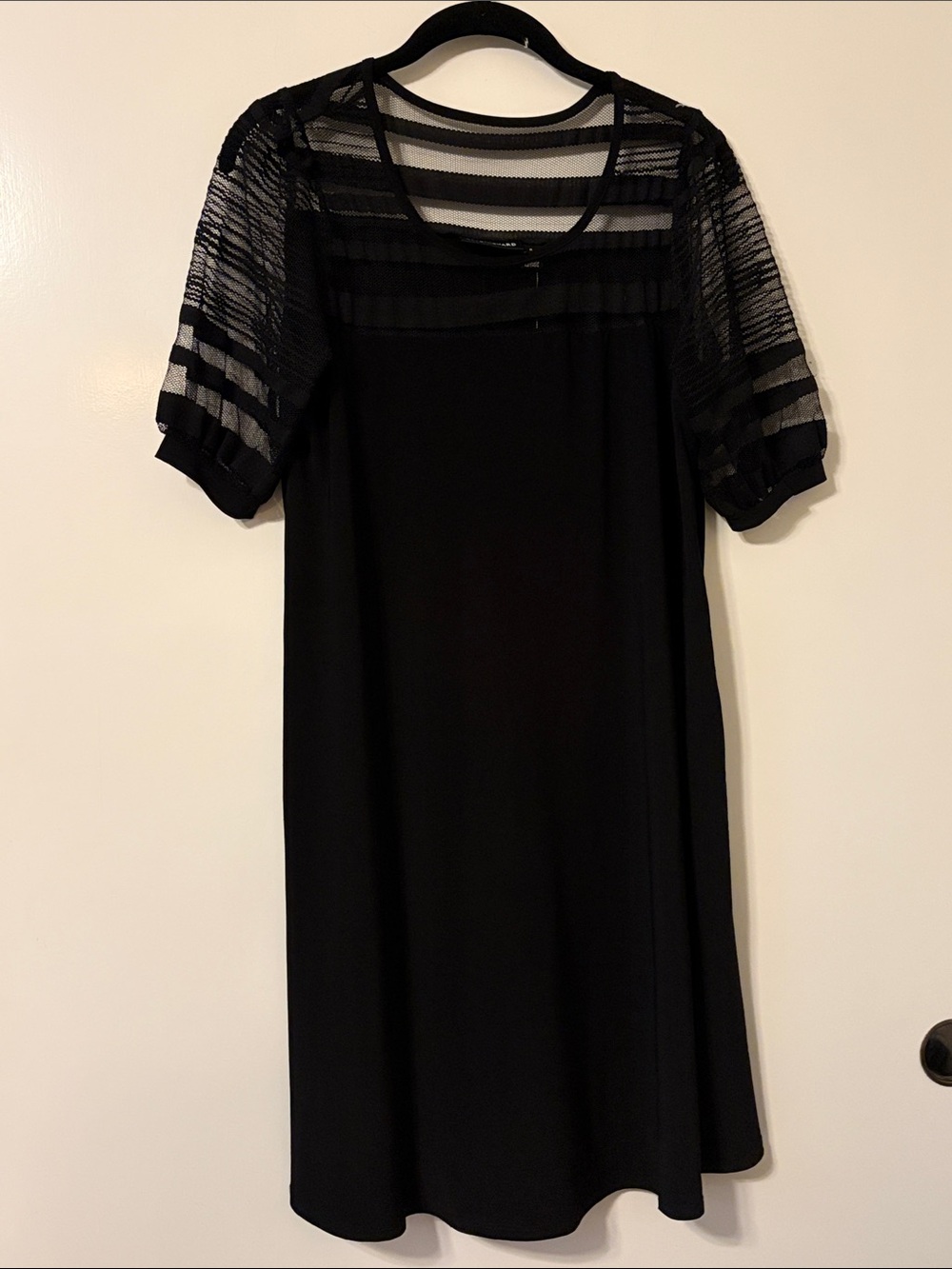 Nina Leonard Black Midi Dress with Sheer Striped Yoke